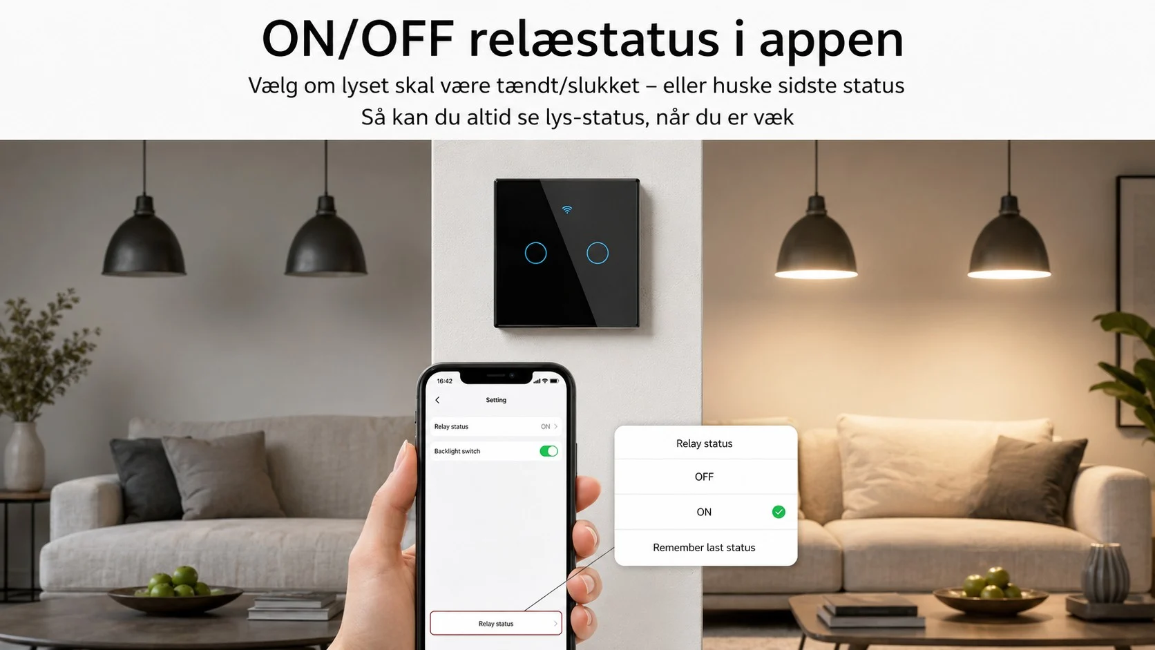 ON OFF relæstatus smart lyskontakt 2 zoner wifi lyskontakt med touch 2 zoner