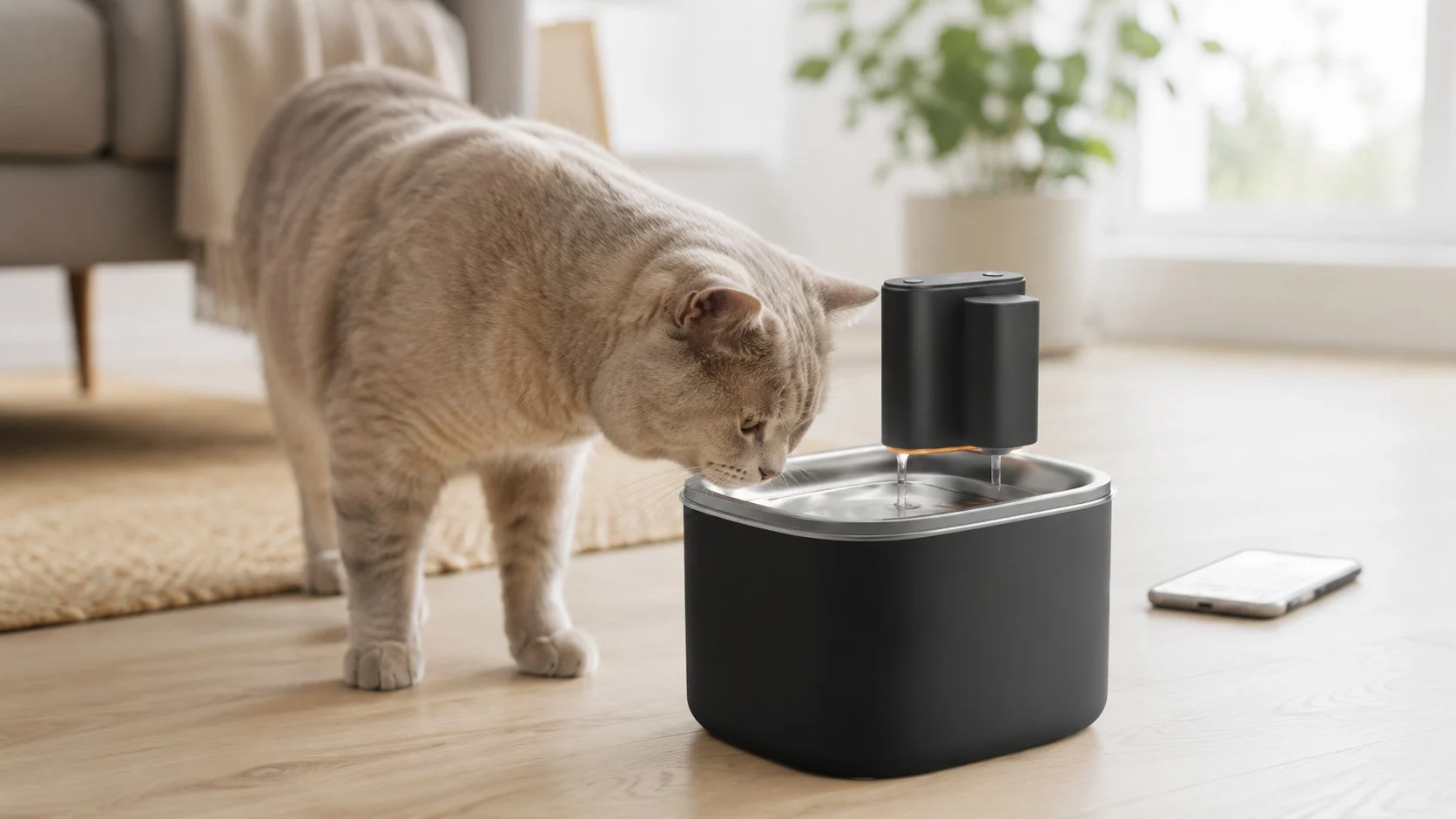 WiFi vandfontæne med kat der drikker