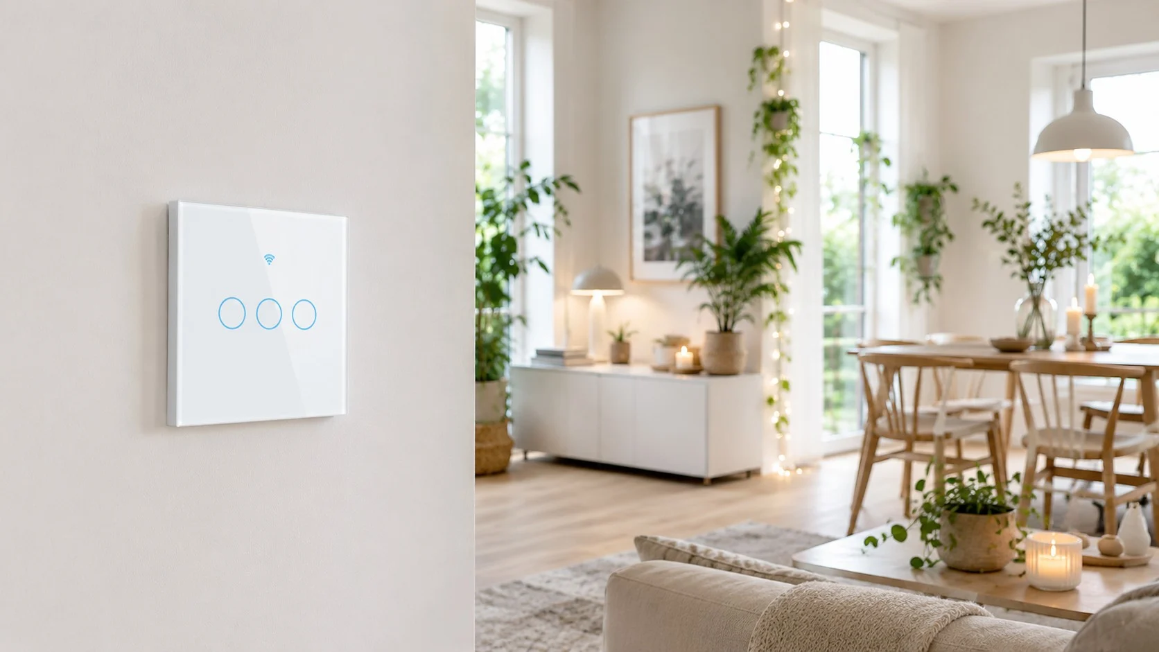 smart lyskontakt med 3 zoner monteret i stue Smart touch WiFi lyskontakt 3 zoner hvid monteret på væg i dansk hus