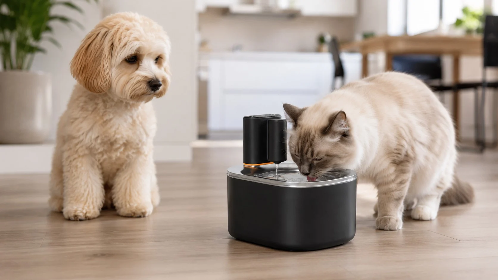 Hund og kat ved wifi vandfontæne