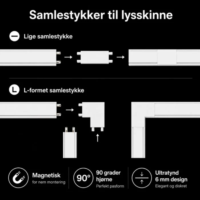 Samlestykker til lysskinner lige og L