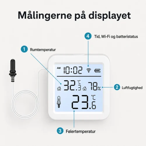 WiFi termometer med ekstern føler – displayets fire målinger