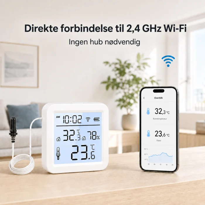 Displaytermometer med direkte 2,4 GHz WiFi uden hub
