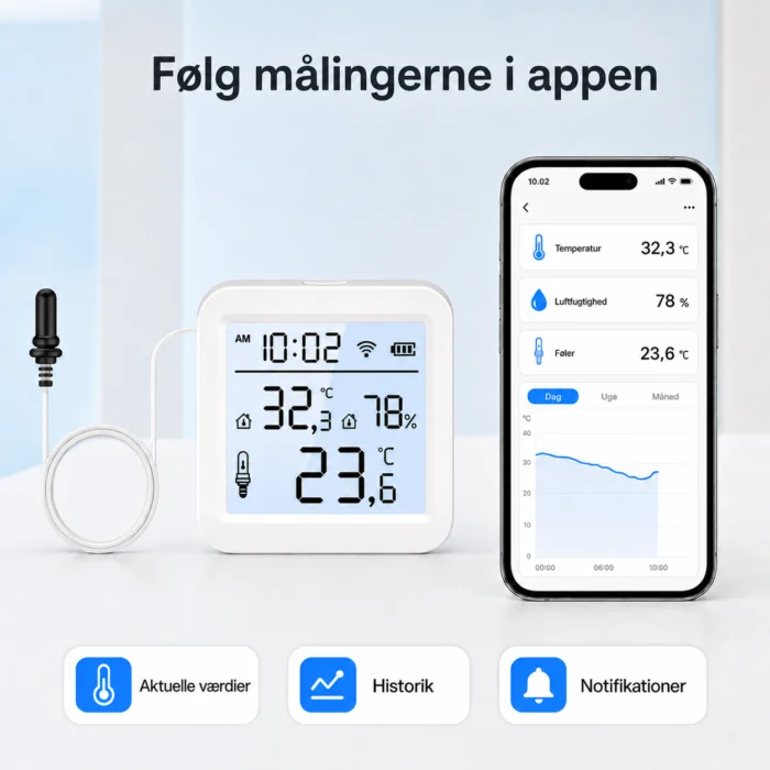 Smart Life og Tuya Smart-app med målinger, historik og notifikationer