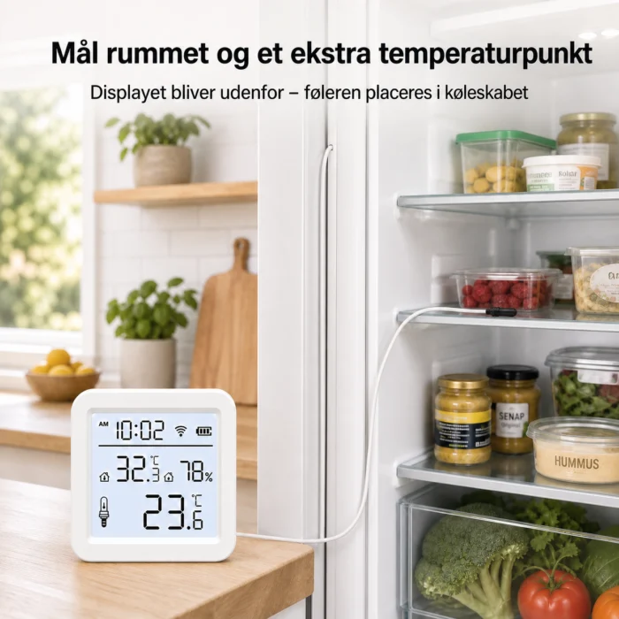 WiFi termometer med ekstern føler – display uden for køleskab og probe på hylde