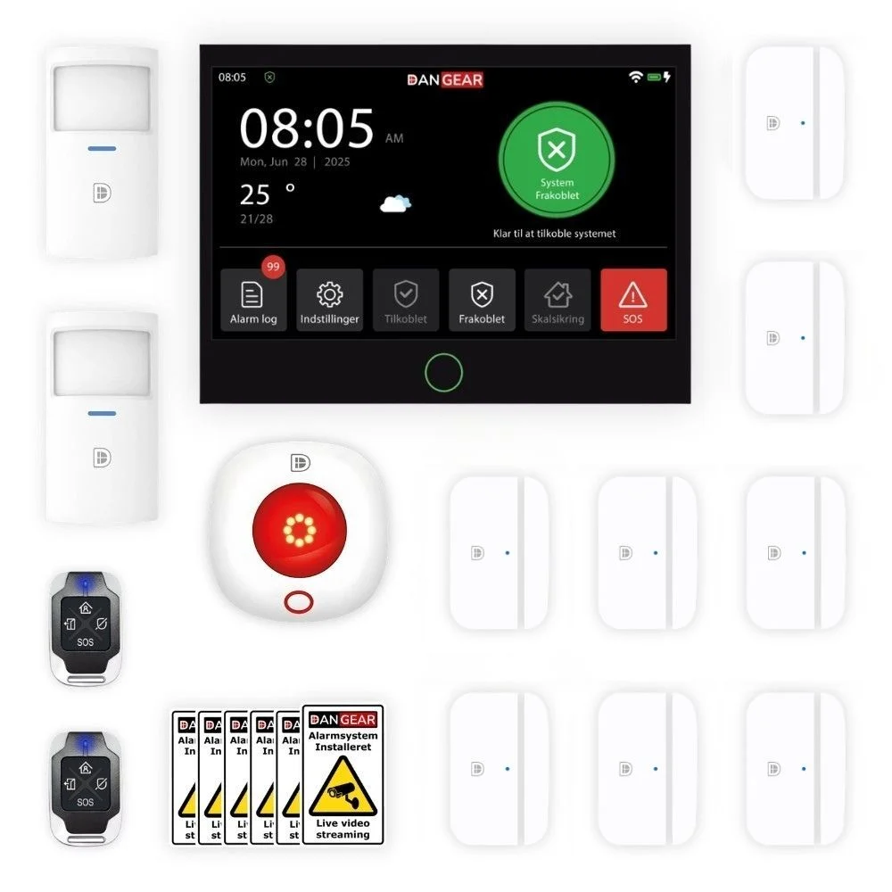 DanGear EXCLUSIVE alarmsystempakke til 100-150 m² med touchpanel, sensorer, sirene, fjernbetjeninger og skilte.