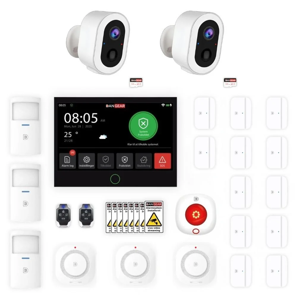 DanGear MAX alarmsystem pakke · 2x WiFi batteri kamera · 150-250 m²