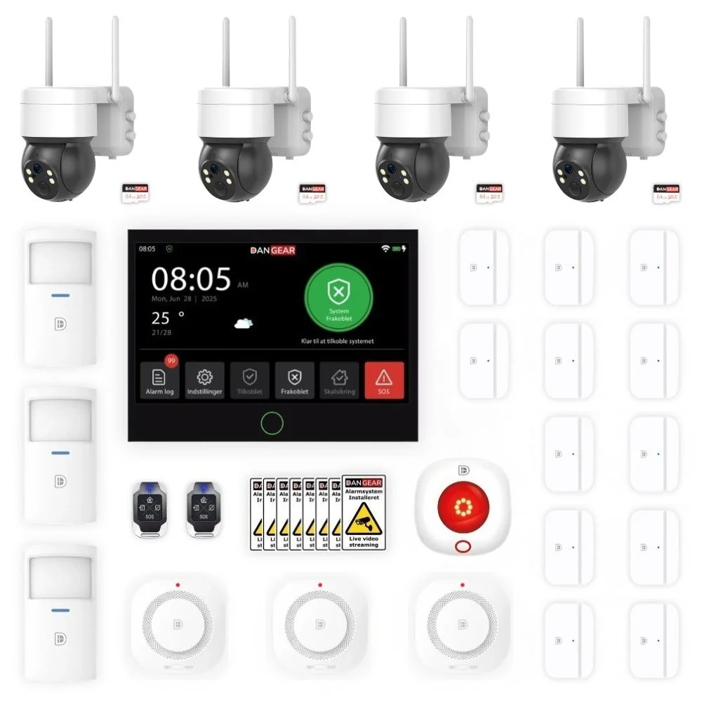 DanGear MAX alarmsystem pakke · 4x WiFi batteri ptz kamera · 150-250 m²
