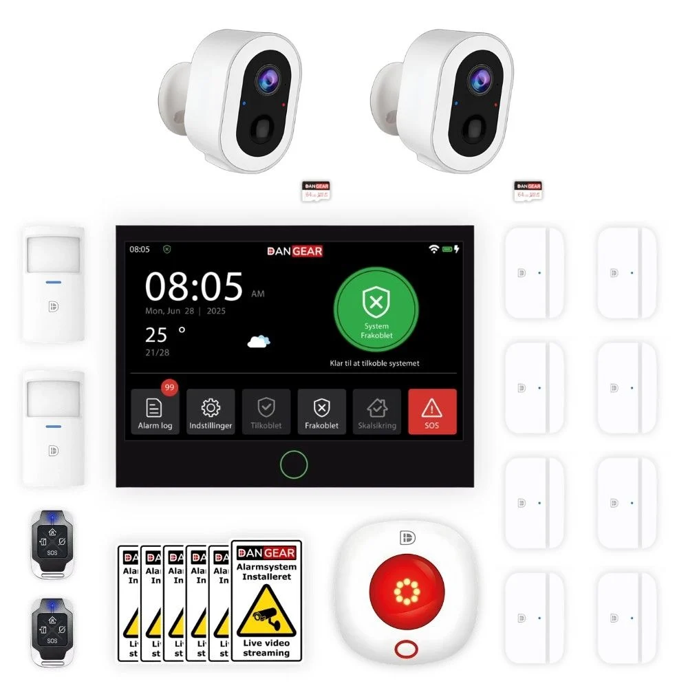 DanGear PLUS alarmsystem pakke · 2x WiFi batteri kamera · 100-150 m²