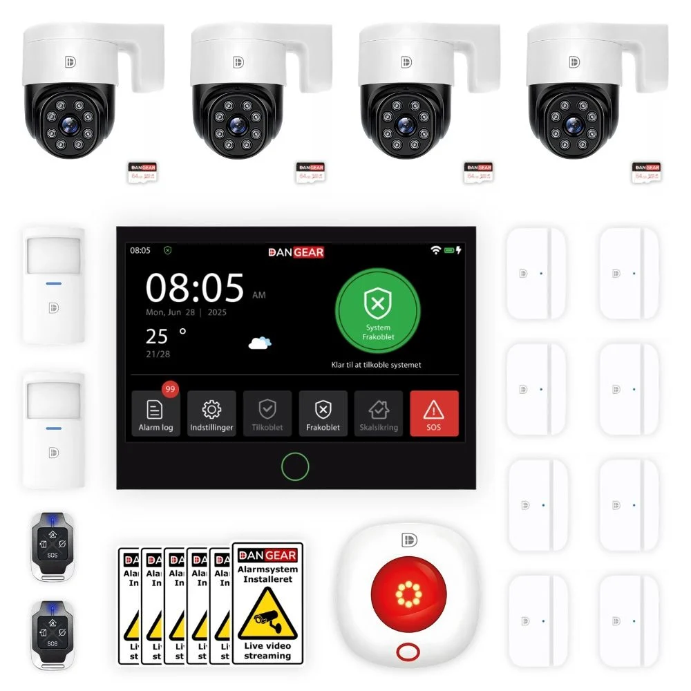 DanGear PLUS alarmsystem pakke · 4x WiFi strøm ptz kamera · 100-150-m²-2 Alarmsystemer og overvågningskameraer privat og erhverv