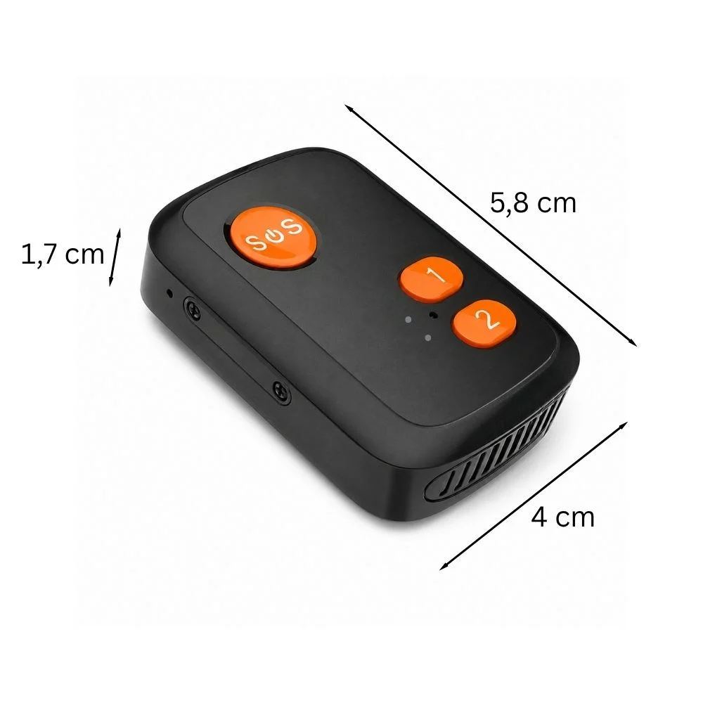 GPS faldalarm mål Sort GPS-faldalarm med orange SOS-knap: 5,8 cm lang, 4 cm bred og 1,7 cm tyk.