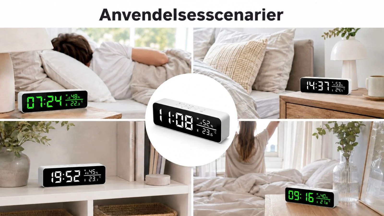 WiFi vækkeur i hvid og grøn anvendelse WiFi vækkeur med indeklimamåling