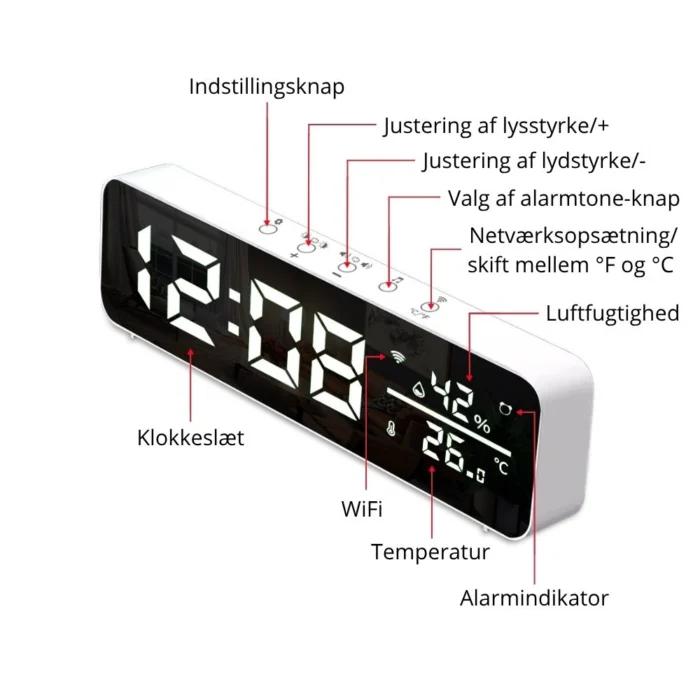 WiFi vækkeur med indeklimamåling funktioner