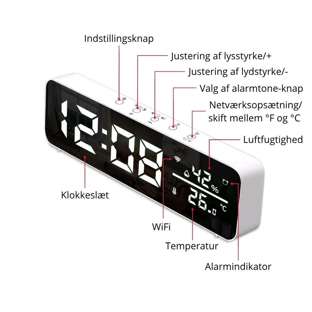 WiFi vækkeur med indeklimamåling funktioner WiFi vækkeur med indeklimamåling