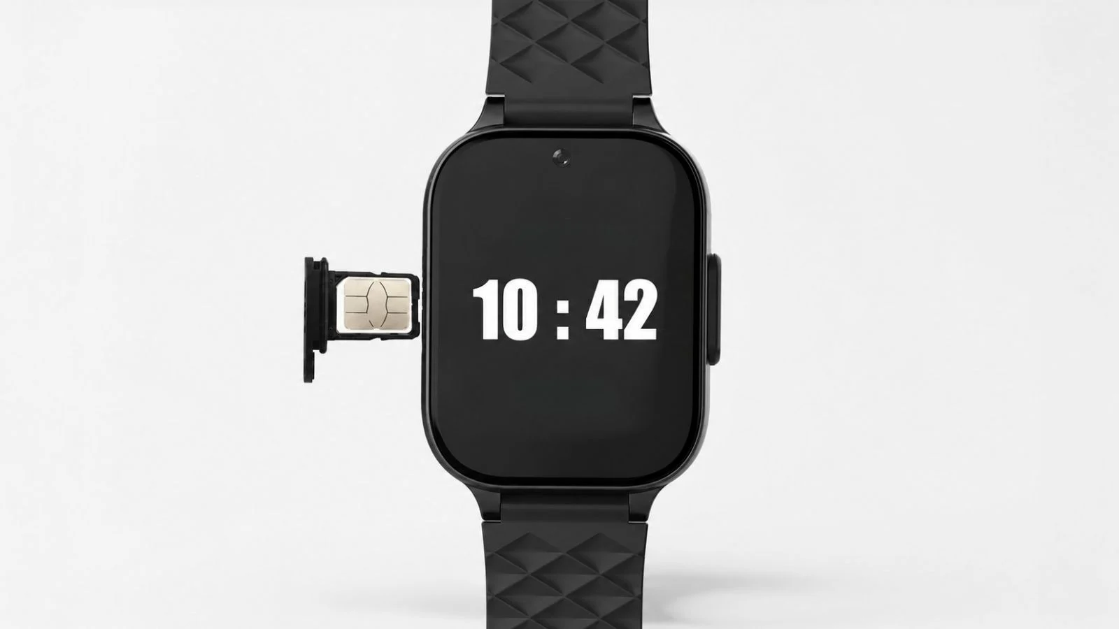 Smartwatch med SIM-kort Sort smartwatch set forfra med SIM-kortholderen trukket ud i venstre side.