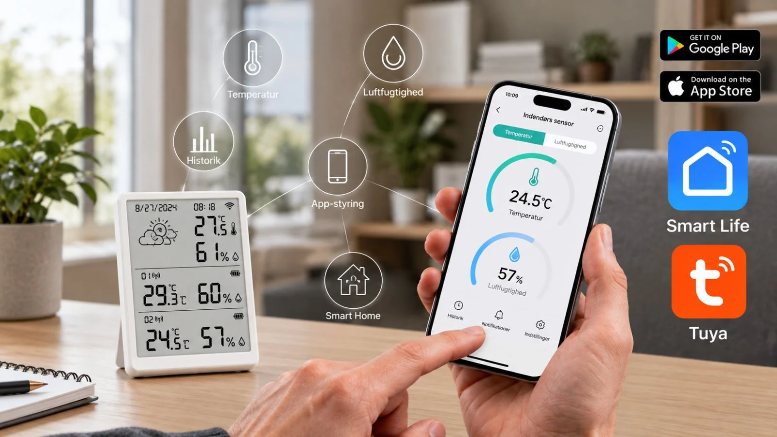 WiFi termohygrometer med display, ur og 2 sensorer app-styring