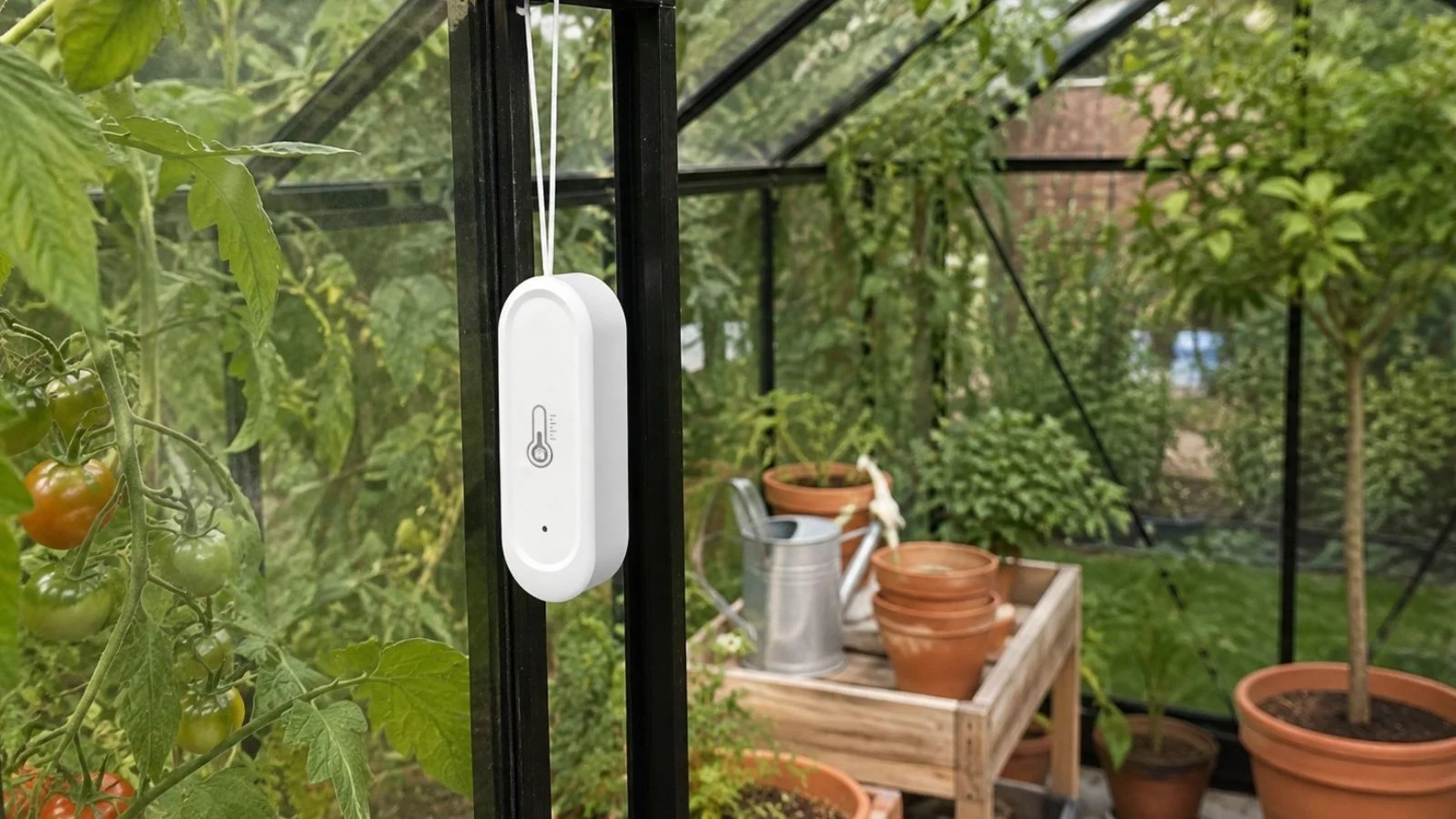 WiFi termometer og fugtighedssensor i drivhus WiFi termometer og fugtighedssensor monteret i drivhus
