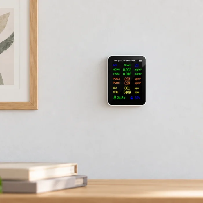 WiFi luftkvalitetsmåler set lige forfra på en lys væg over et skrivebord.