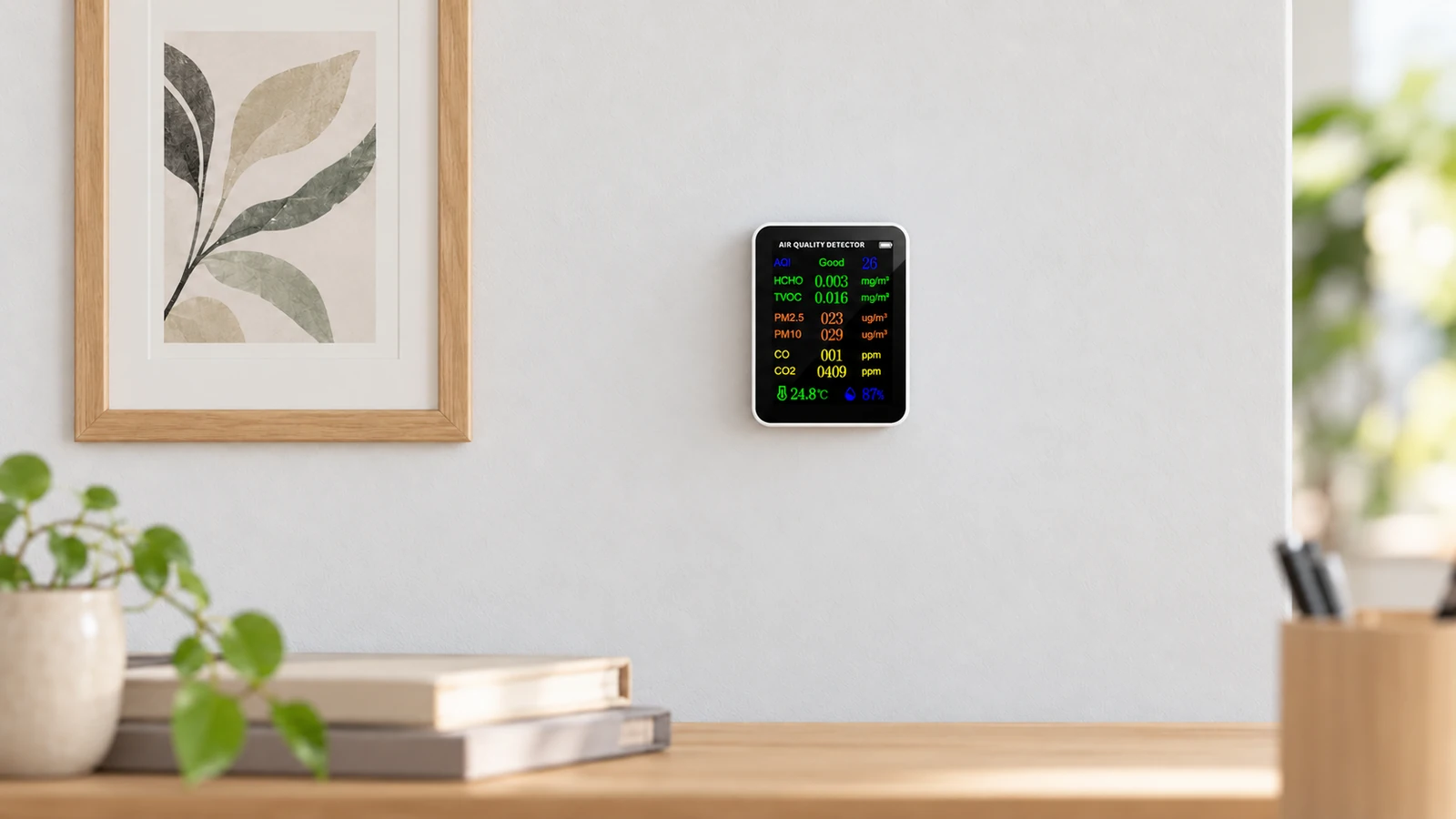 WiFi luftkvalitetsmåler – Vægplacering, lige forfra WiFi luftkvalitetsmåler set lige forfra på en lys væg over et skrivebord.
