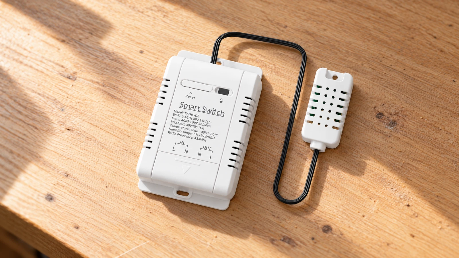 WiFi termostat med temperatur- og fugtstyring – klargøring på arbejdsbord WiFi termostat med temperatur- og fugtstyring med ekstern føler liggende på et træbord før installation.