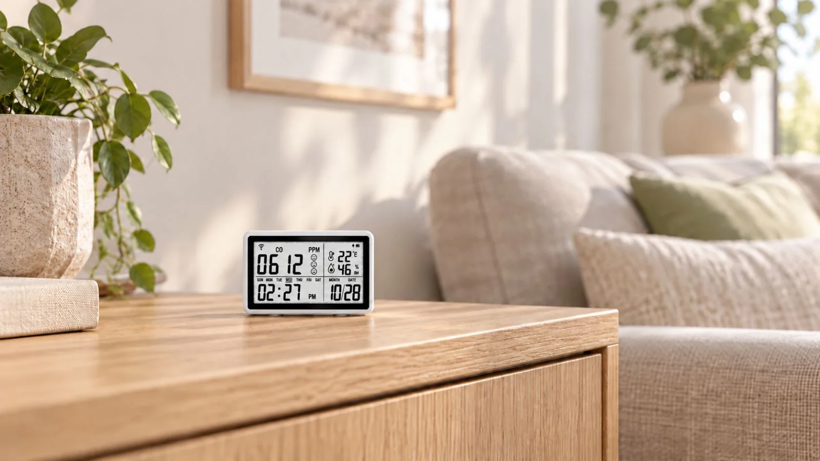 3-i-1 WiFi kuliltealarm i stue 3-i-1 WiFi kuliltealarm – Kulilte og klima samlet (illustration)