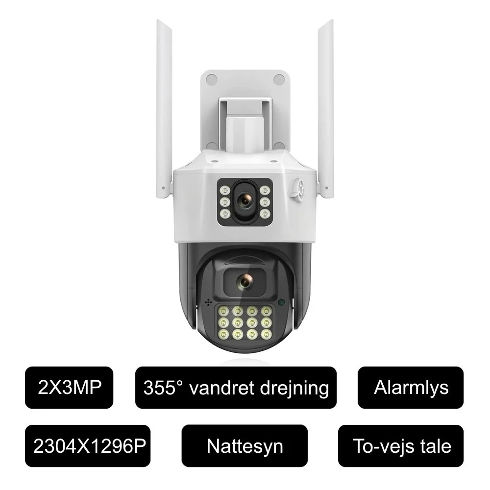 DanGear 6MP WiFi overvågningskamera med dobbelt linse og alarmlys specifikationer