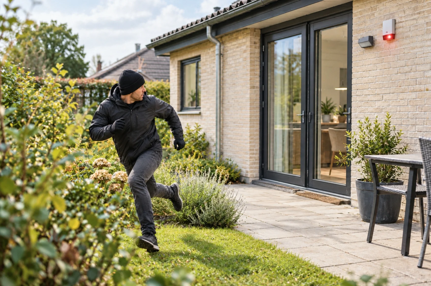 Indbrudstyv løber væk fra hus med DanGear alarmsystem Hånd som betjener SmartLife app og DanGear alarmsystem