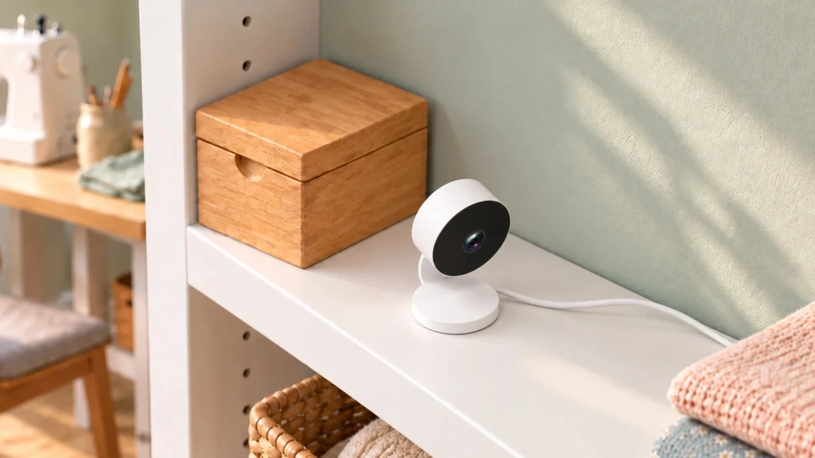 Lille overvågningskamera monteret på hylde DanGear 4MP WiFi indendørs mini overvågningskamera set skråt oppefra på en hvid hylde i et hobbyrum med grøn væg