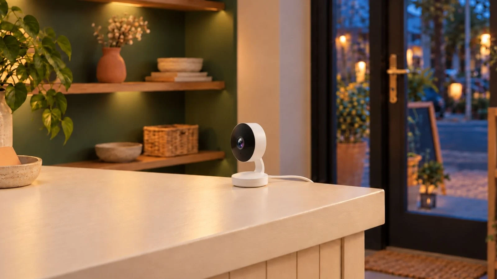 Mini indendørs overvågningskamera til erhverv DanGear 4MP WiFi indendørs mini overvågningskamera set forfra på et lyst konsolbord i en entré med aftenbelysning