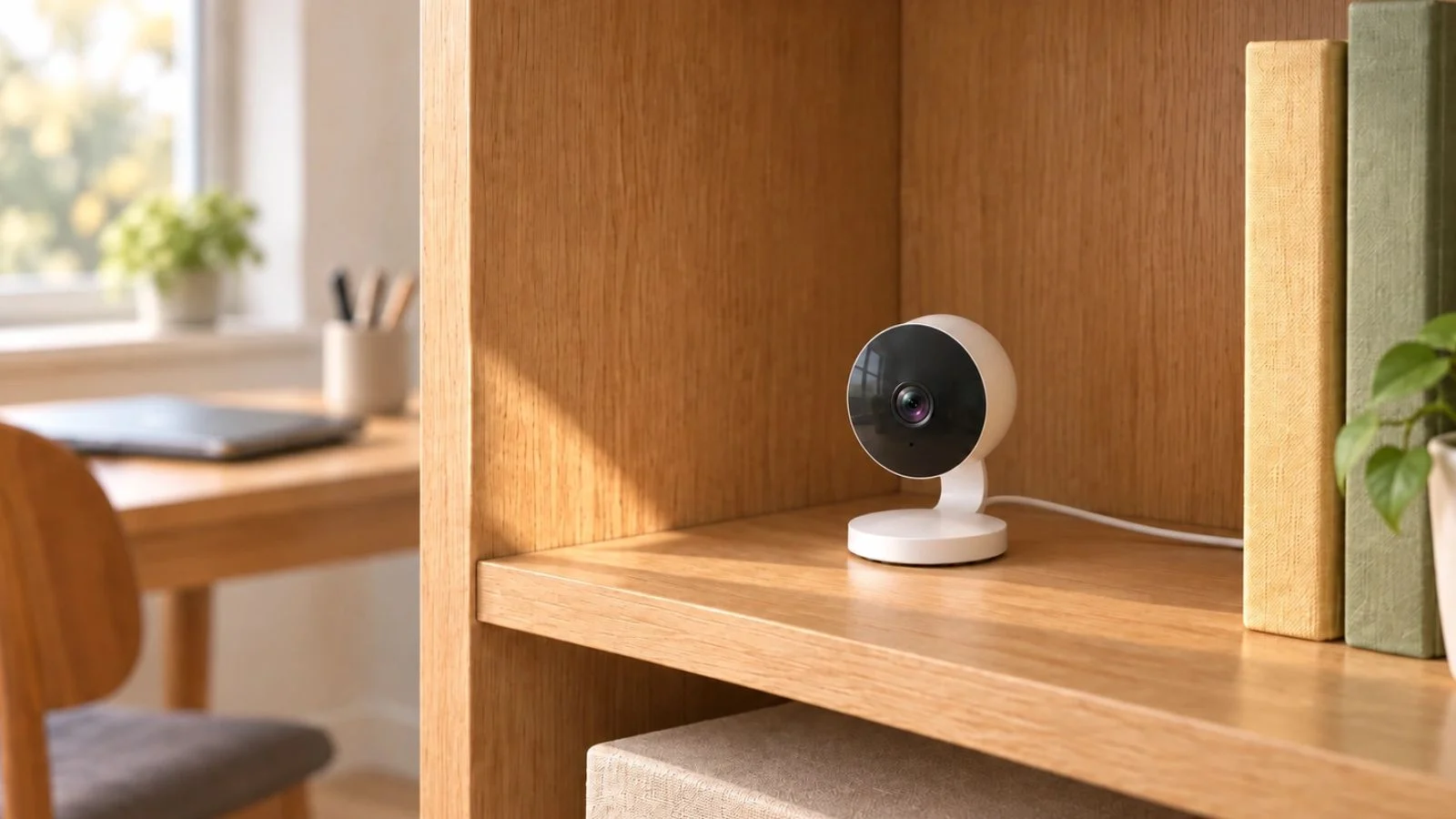 Mini overvågningskamera på hylde Nærbillede af DanGear 4MP WiFi indendørs mini overvågningskamera på en reol i et lyst hjemmekontor