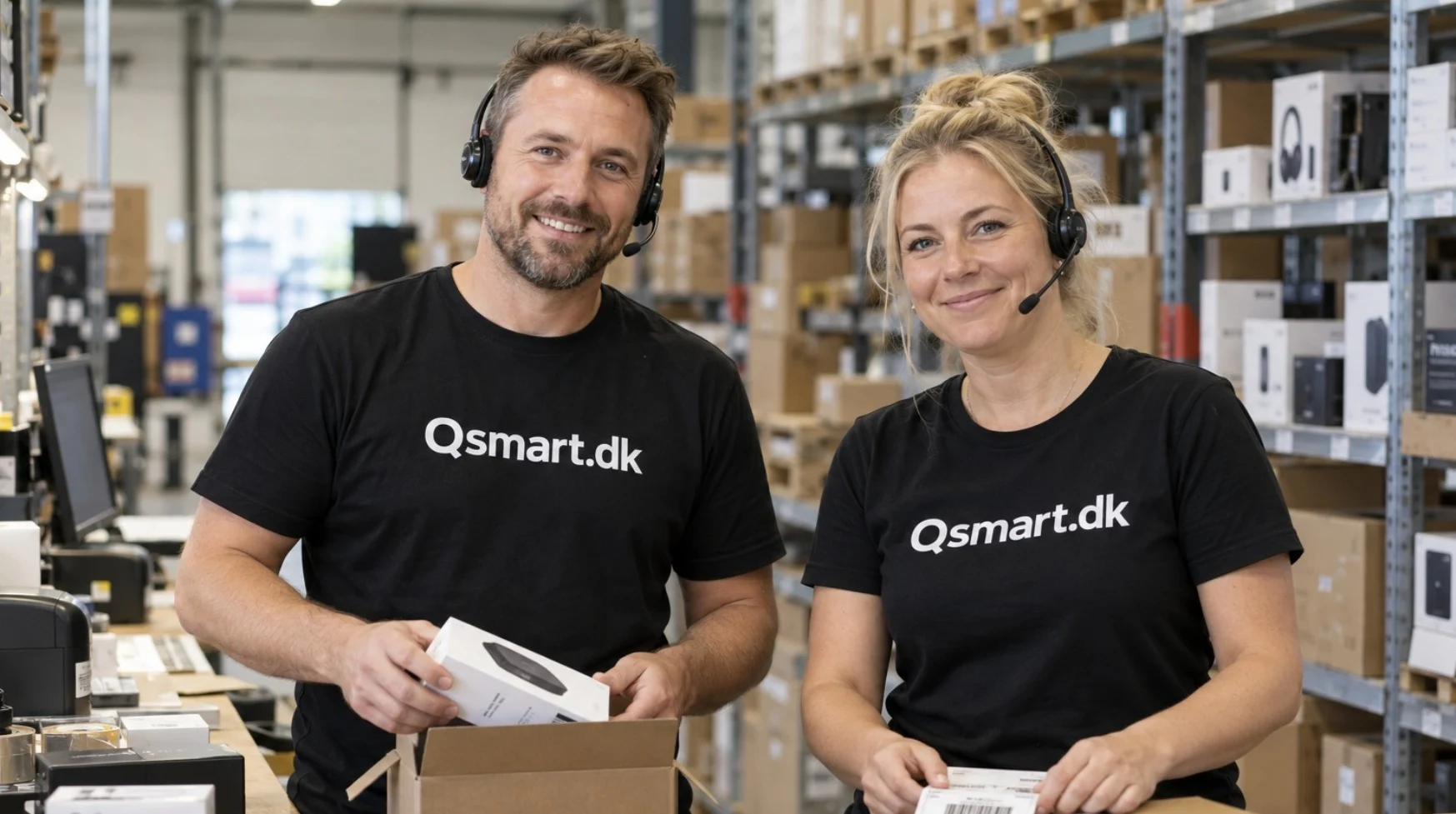 Qsmart.dk forhandler billede af os som pakker ordre til kunder Pakkemedarbejdere hos Qsmart.dk som pakker ordre klar til kunderne