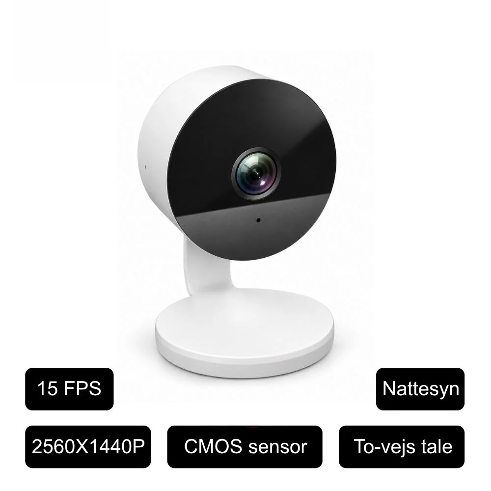 WiFi indendørs mini overvågningskamera og specs DanGear 4MP WiFi indendørs mini overvågningskamera på hvid bordfod