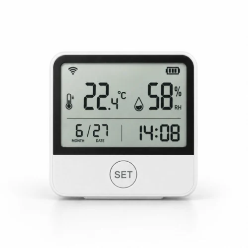 WiFi temperatur og luftfugtighedsmåler med display og ur og batteri