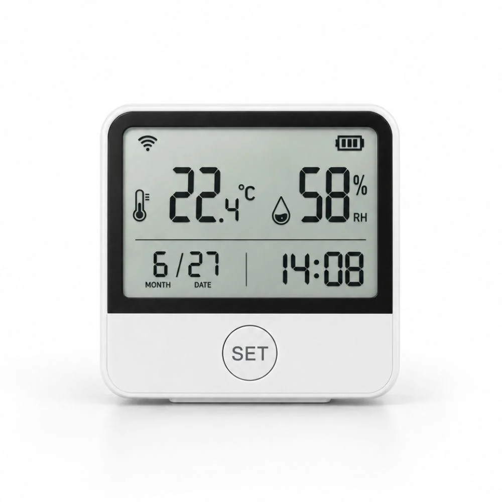 WiFi temperatur og luftfugtighedsmåler med display og ur og batteri