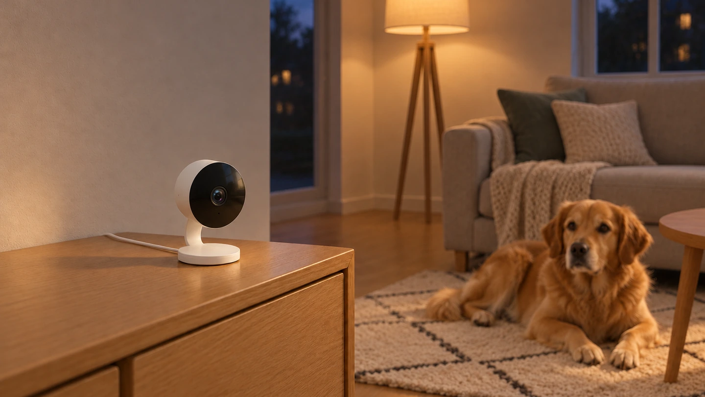 DanGear 4MP WiFi indendørs mini overvågningskamera – stue med hund om aftenen DanGear 4MP WiFi indendørs mini overvågningskamera på en skænk i en stue med en hund på tæppet om aftenen