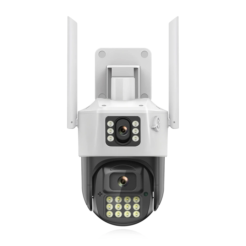 DanGear 6MP WiFi overvågningskamera med dobbelt linse og alarmlys set forfra på hvid baggrund.
