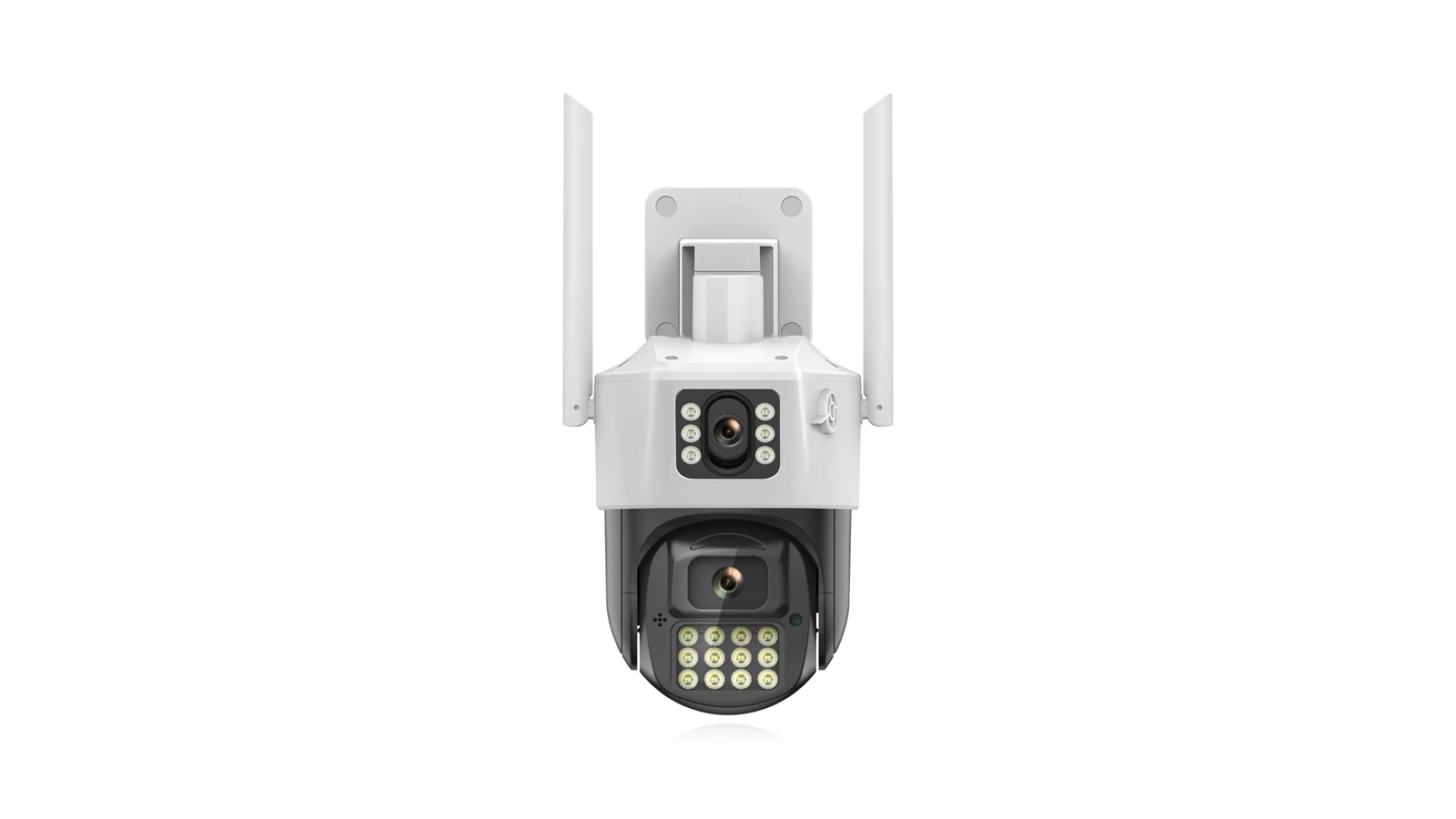 DanGear kamera med dobbelt linse – produktfoto DanGear 6MP WiFi overvågningskamera med dobbelt linse og alarmlys set forfra.