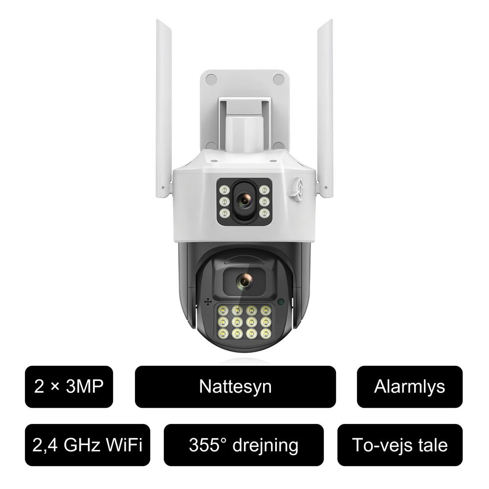DanGear 6MP WiFi overvågningskamera med dobbelt linse og alarmlys på hvid baggrund med specifikationsfelter for 2 × 3MP, nattesyn, alarmlys, 2,4 GHz WiFi, 355° drejning og tovejs tale.