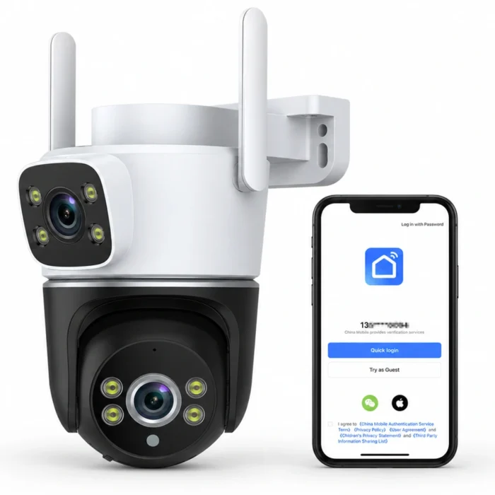 DanGear 8MP WiFi overvågningskamera med dobbelt 4MP linse sammen med en smartphone med SmartLife-login på hvid baggrund.