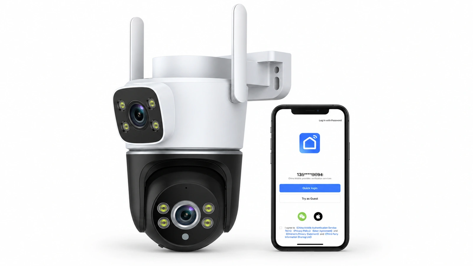 DanGear 8MP WiFi overvågningskamera med dobbelt 4MP linse – Kamera og smartphone – 16:9 DanGear 8MP WiFi overvågningskamera med dobbelt 4MP linse sammen med en smartphone med SmartLife-login på hvid baggrund.