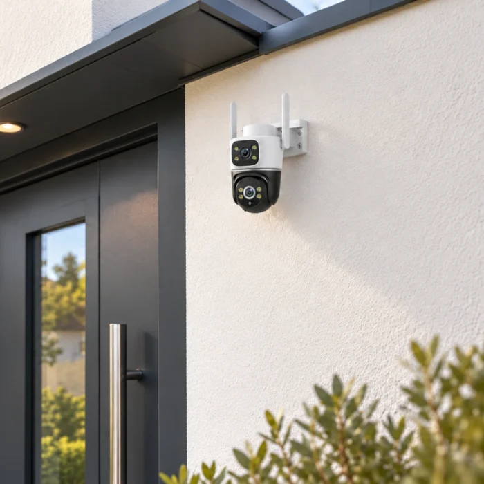 DanGear 8MP WiFi overvågningskamera med dobbelt 4MP linse monteret ved en hoveddør under tagkanten.