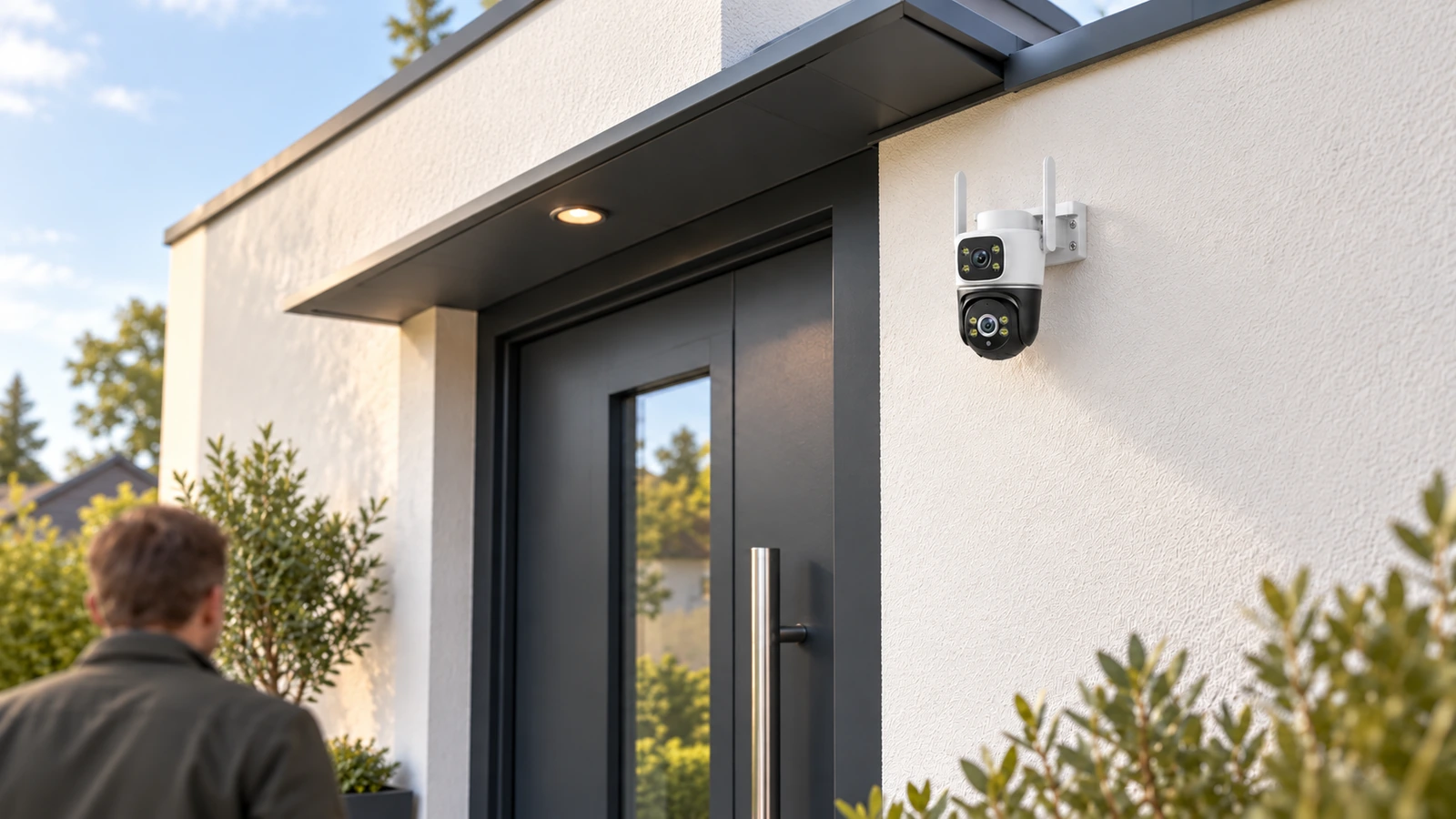 DanGear 8MP WiFi overvågningskamera med dobbelt 4MP linse – Hoveddør med høj montering – 16:9 DanGear 8MP WiFi overvågningskamera med dobbelt 4MP linse monteret ved en hoveddør under tagkanten.
