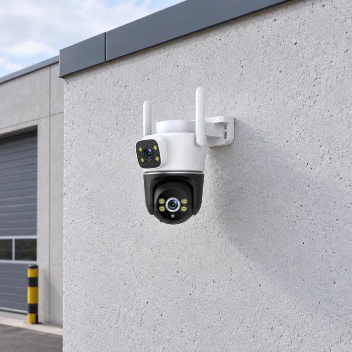 DanGear 8MP WiFi overvågningskamera med dobbelt 4MP linse på facaden af en erhvervsbygning ved en port.