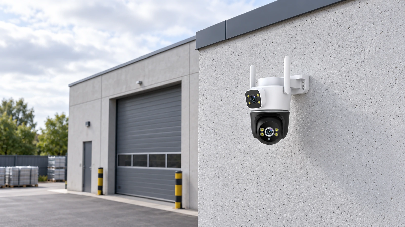 DanGear 8MP WiFi overvågningskamera med dobbelt 4MP linse – Erhvervsbygning i dagslys – 16:9 DanGear 8MP WiFi overvågningskamera med dobbelt 4MP linse på facaden af en erhvervsbygning ved en port.