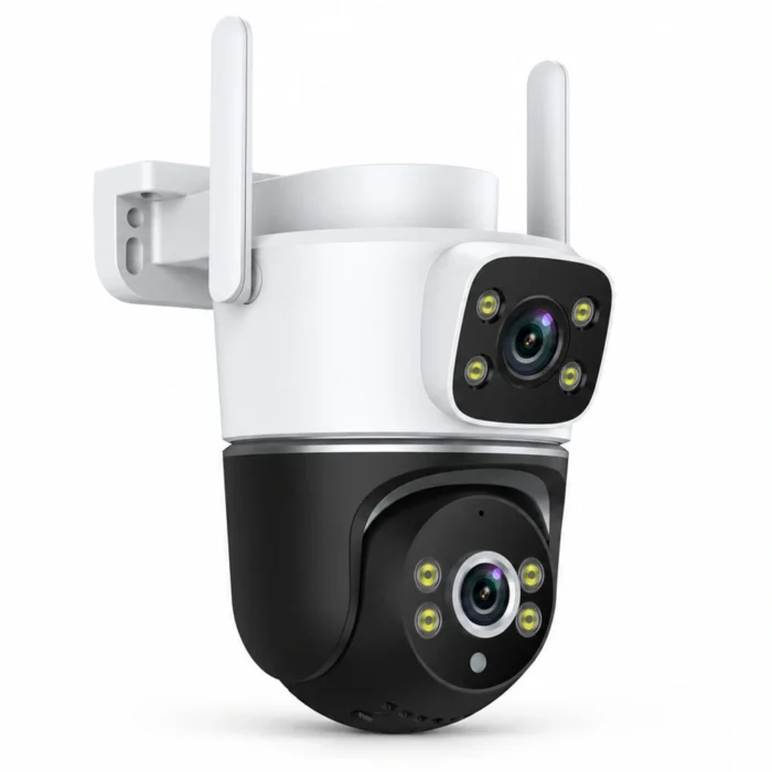 DanGear 8MP WiFi overvågningskamera med dobbelt 4MP linse set skråt fra siden på hvid baggrund.