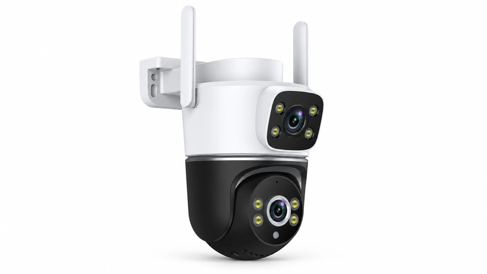 DanGear 8MP WiFi overvågningskamera med dobbelt 4MP linse – Rent produktportræt – 16:9 DanGear 8MP WiFi overvågningskamera med dobbelt 4MP linse set skråt fra siden på hvid baggrund.