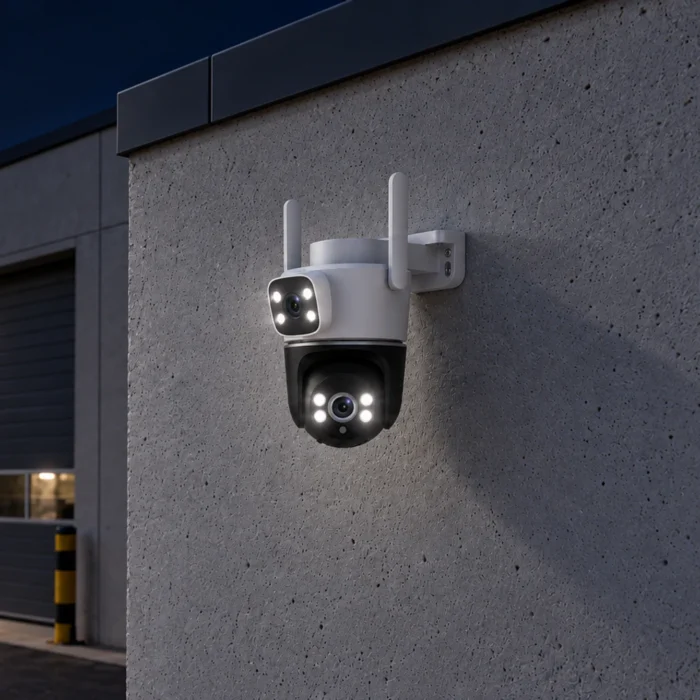 DanGear 8MP WiFi overvågningskamera med dobbelt 4MP linse på en erhvervsbygning om natten med tændte hvide LED-dioder.