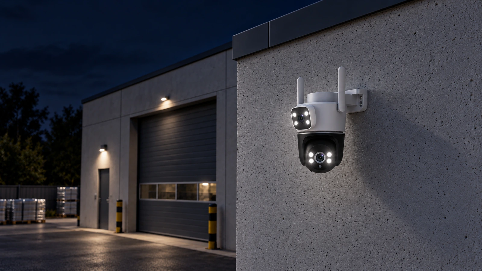 DanGear 8MP WiFi overvågningskamera med dobbelt 4MP linse – Erhvervsbygning om natten med tændte LED-dioder – 16:9 DanGear 8MP WiFi overvågningskamera med dobbelt 4MP linse på en erhvervsbygning om natten med tændte hvide LED-dioder.