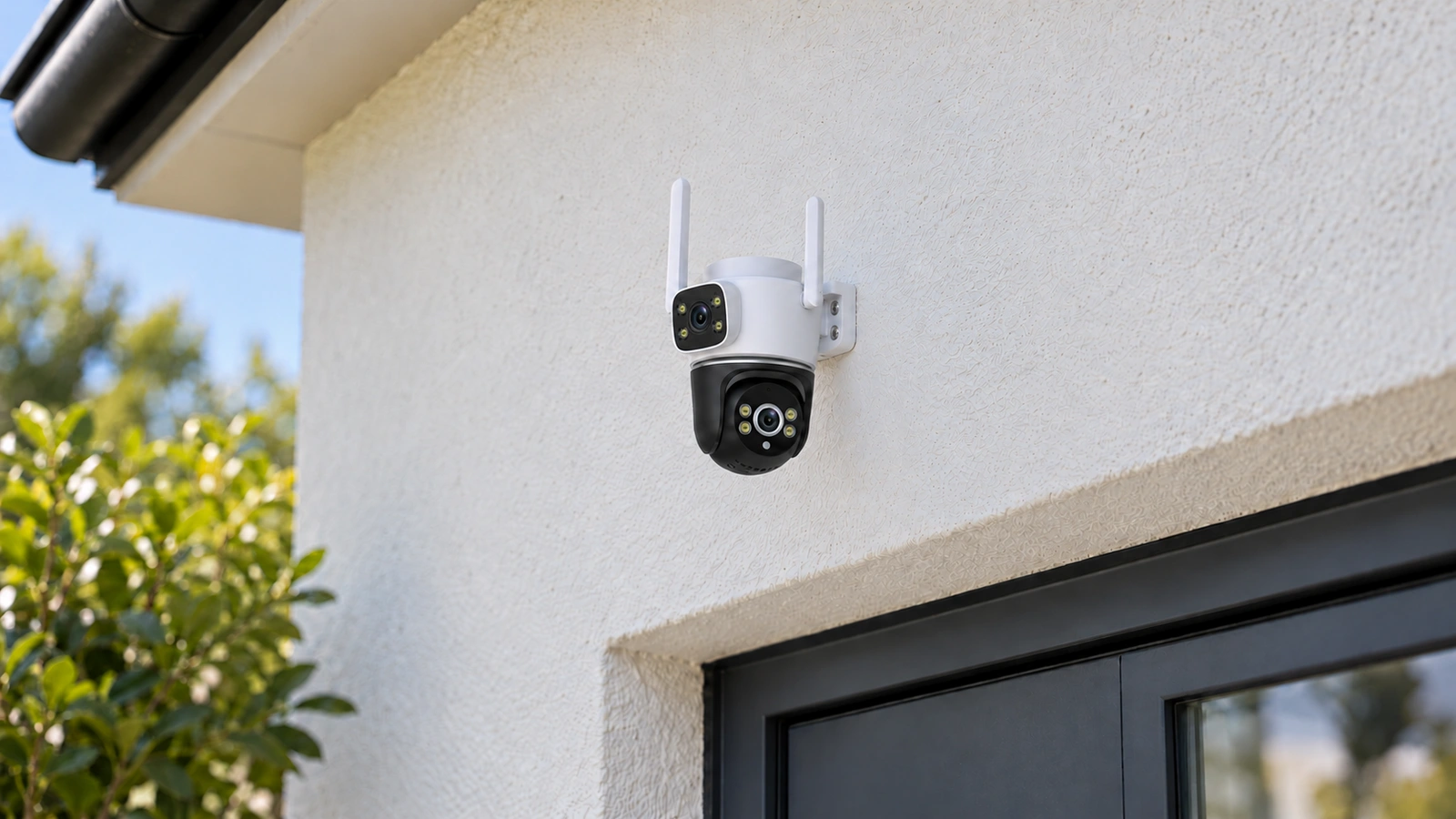 DanGear 8MP WiFi overvågningskamera med dobbelt 4MP linse monteret over en mørk dør på en lys pudset facade.