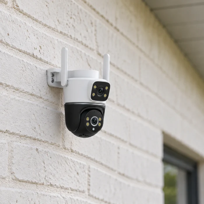 DanGear 8MP WiFi overvågningskamera med dobbelt 4MP linse med vægbeslag og to fastgørelser på hvidmalet murværk.